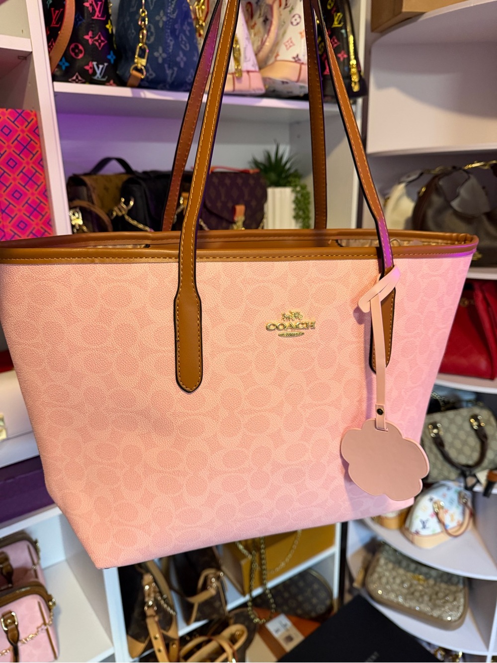Coach Pink Signature Tote with Tan Trim